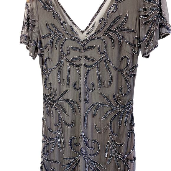 NWOT Pisarro Nights Illusion Beaded Mesh Maxi Gown Dress in Aluminum, Size 6 - Picture 5 of 16